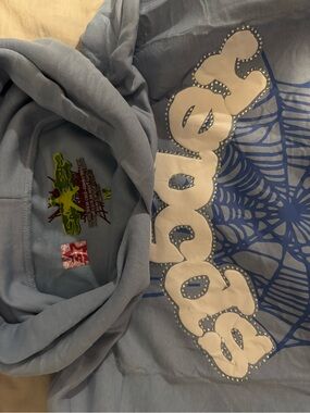 Light Blue sp5der Hoodie Sweatshirt with Stud Accent